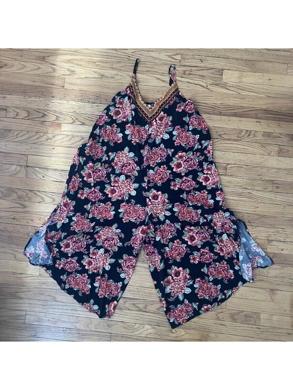 Boho Floral Lace V Neck Overalls Romper Whimsy Sz 2X Indie 90s Quirky Kitsch